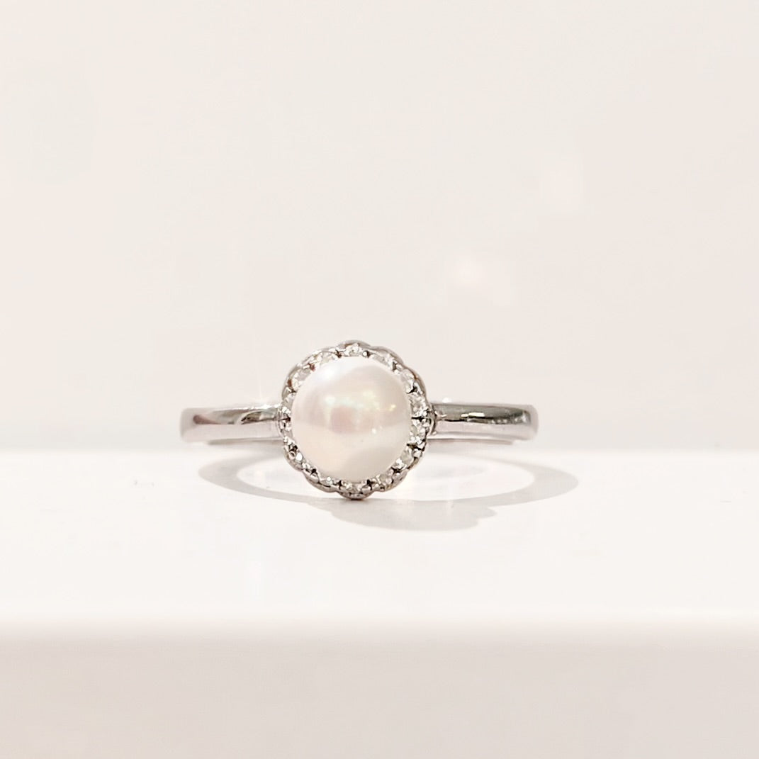 Pearl and Cubic Zirconia Sterling Silver Halo Cluster Dainty Ring | Size L