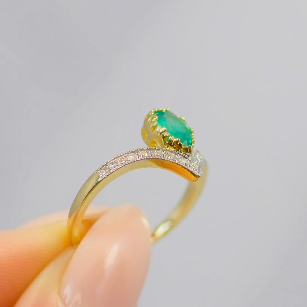'The Ariel' Emerald and Diamond 9ct Yellow Gold Wishbone Ring | Size N ½