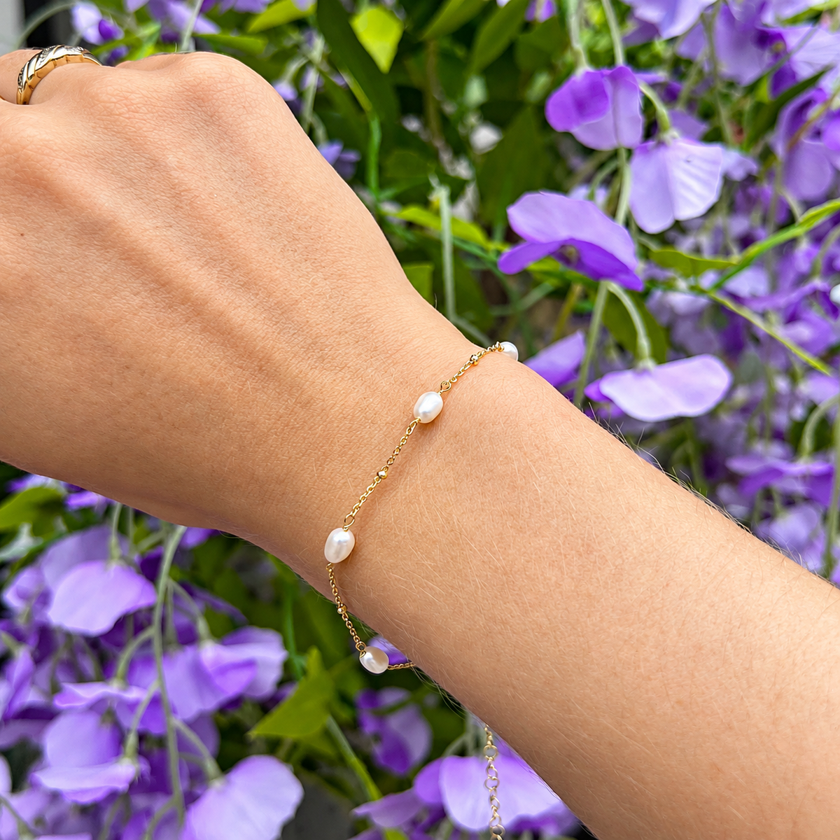 Dainty Sterling Silver 9ct Gold Plated Pearl Station Bracelet