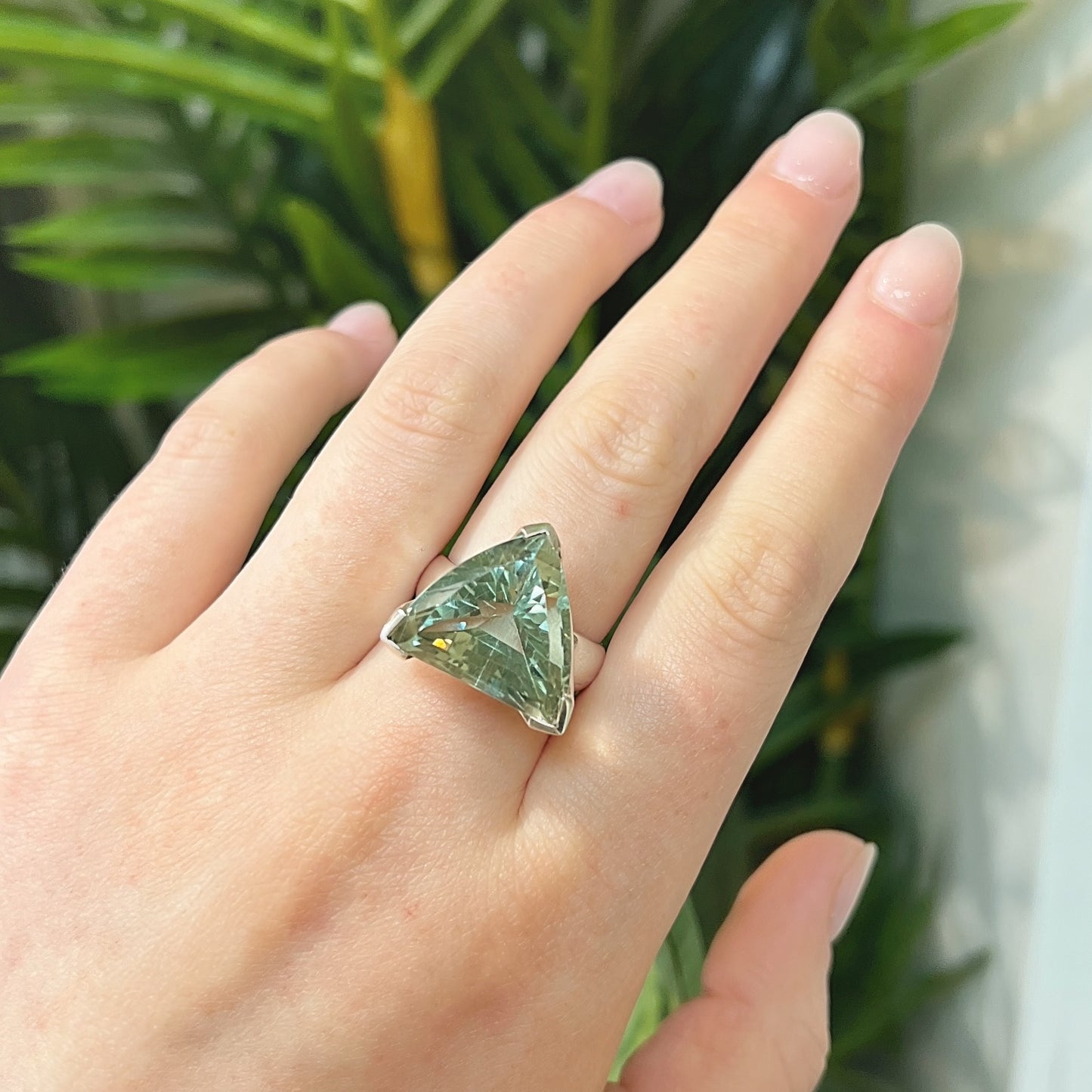 Chunky Sterling Silver Trillion-Cut Green Amethyst Cocktail Ring - Size R ½