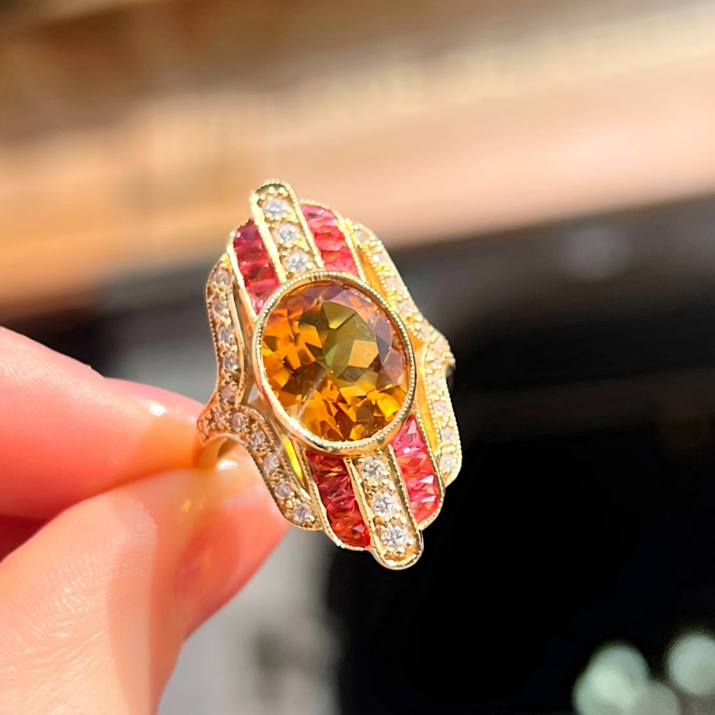 'The Soleil' Citrine, Orange Sapphire and Diamond 18ct Yellow Gold Cocktail Ring | Size M ½
