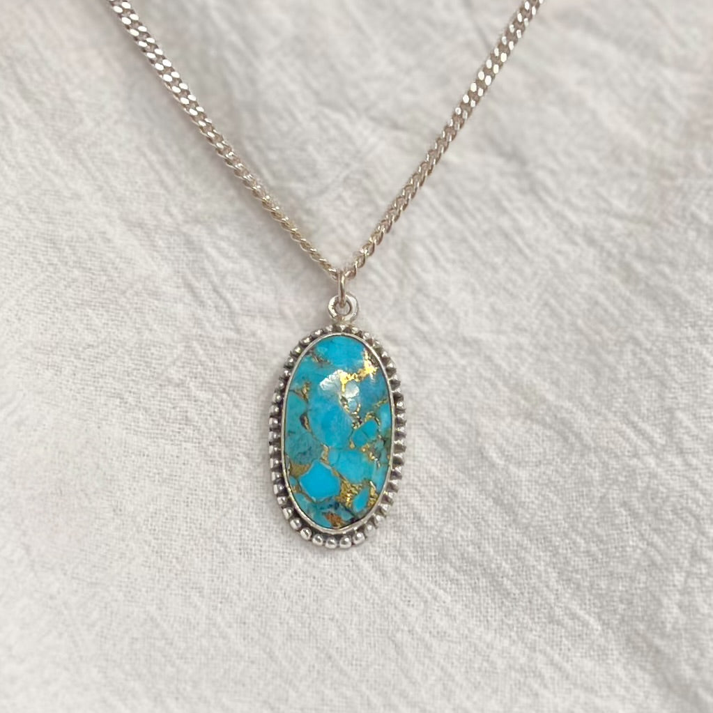 Sterling Silver Detailed Oval Turquoise Pendant