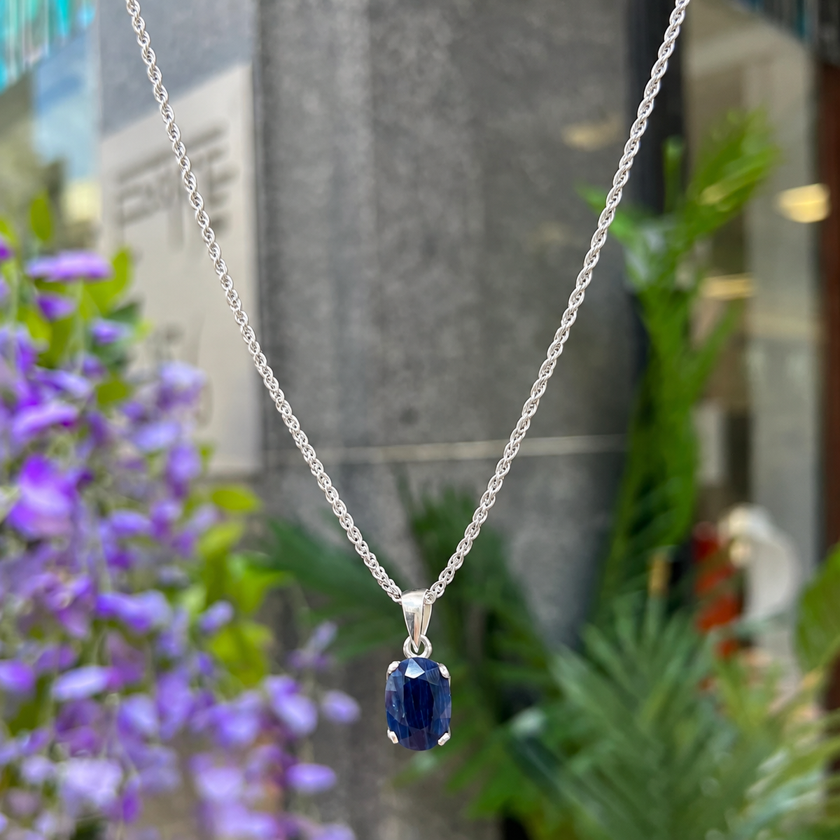 Oval Cut Blue Sapphire Sterling Silver Pendant & Chain