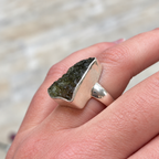 Rough Cut Green Moldavite Sterling Silver Ring | Size M