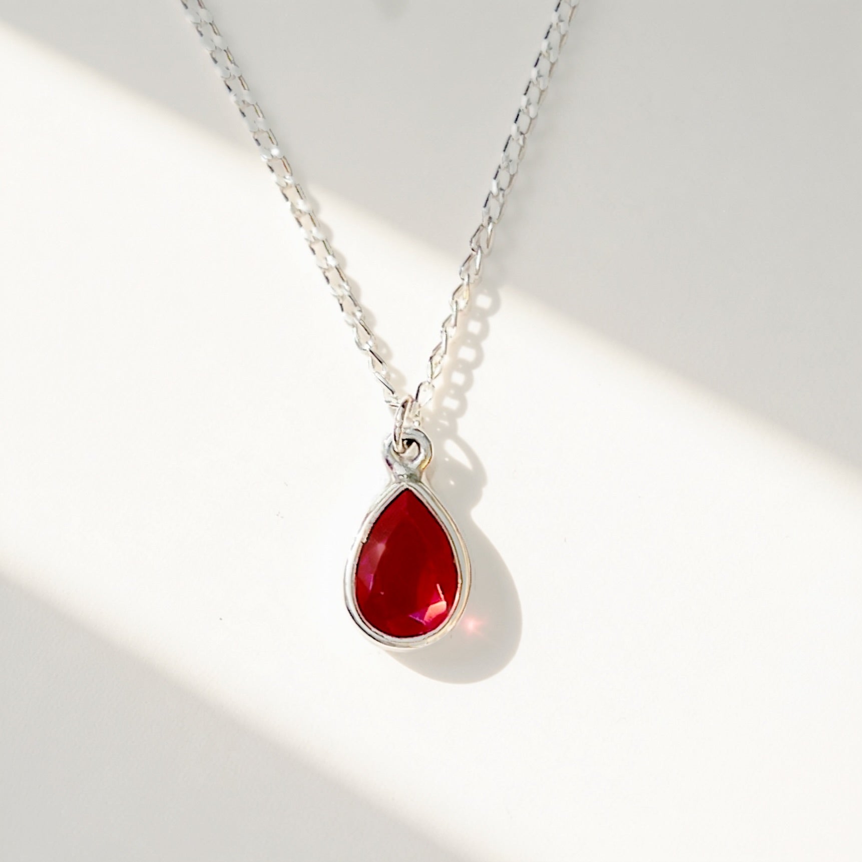 Pear Ruby Sterling Silver Dainty Necklace
