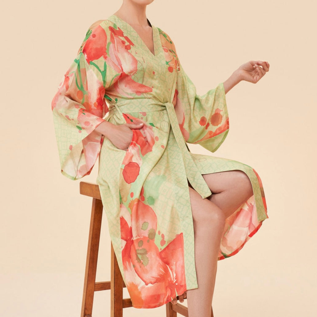 Green & Red Floral Watercolour Orchids Long Kimono Gown | Powder Accessories