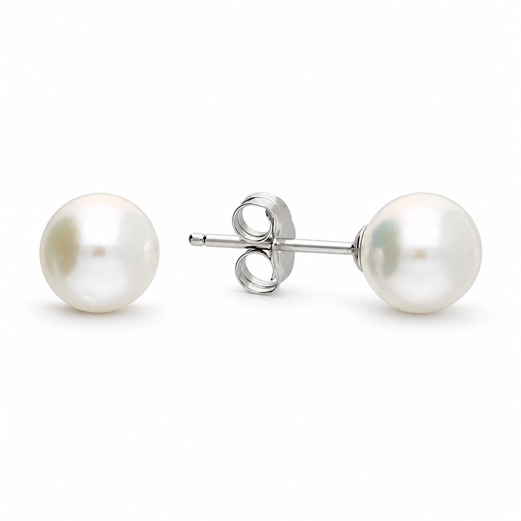 Round Pearl Sterling Silver Stud Earrings