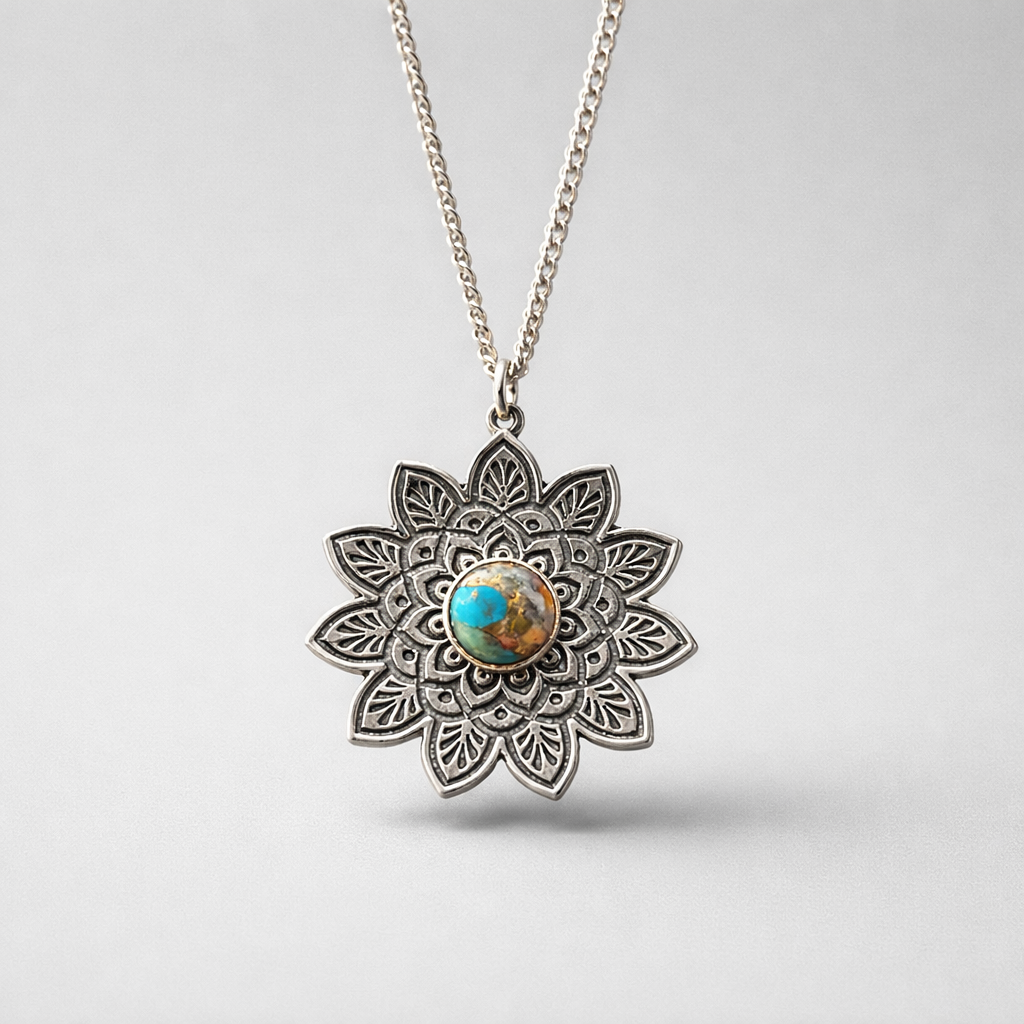 Turquoise Sterling Silver Bohemian-Inspired Mandala Necklace