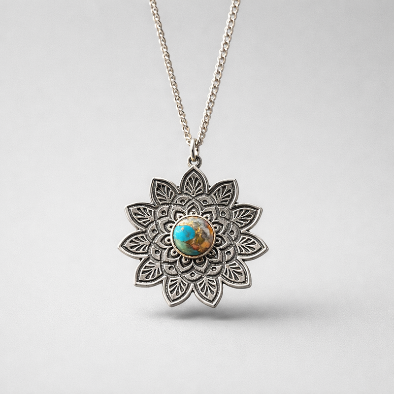Sterling Silver Bohemian-Inspired Turquoise Mandala Necklace