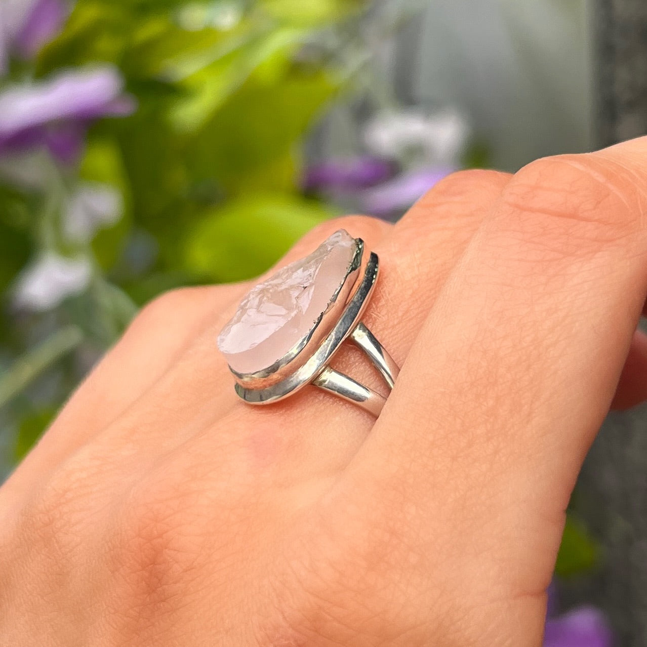 Sterling Silver Rough Pear Cut Pink Rose Quartz Ring - Size O