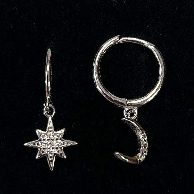 Cubic Zirconia Sterling Silver Moon & Stars Drop Earrings