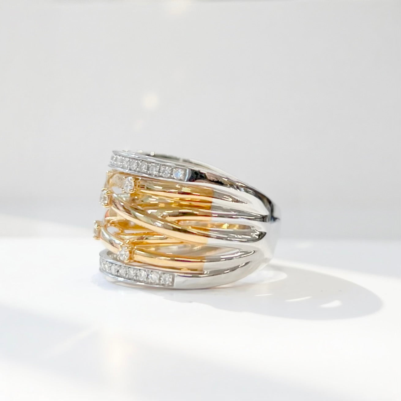 Unusual 9ct Gold Two Tone Wide Diamond Band Ring - Size O