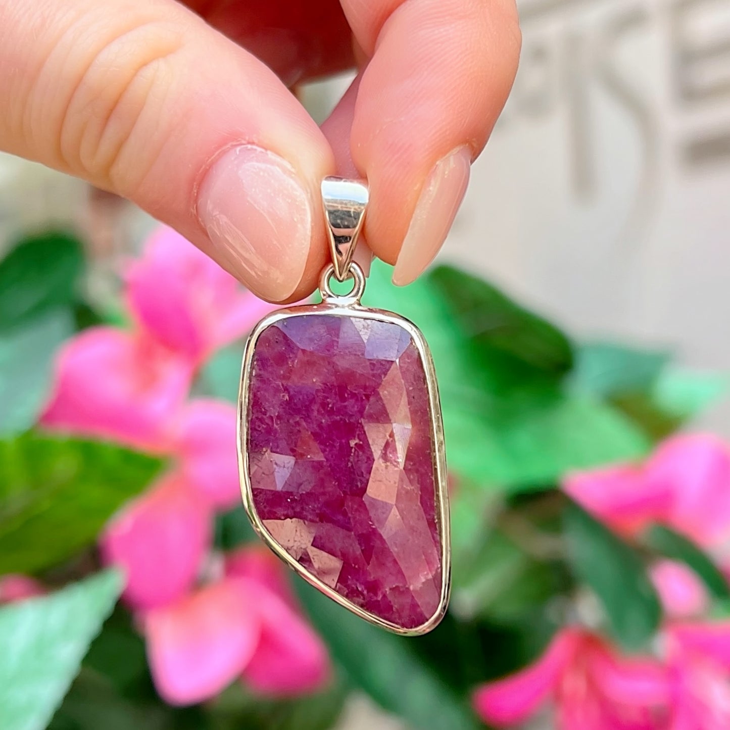 Unusual Sterling Silver Irregular Shaped Ruby Necklace