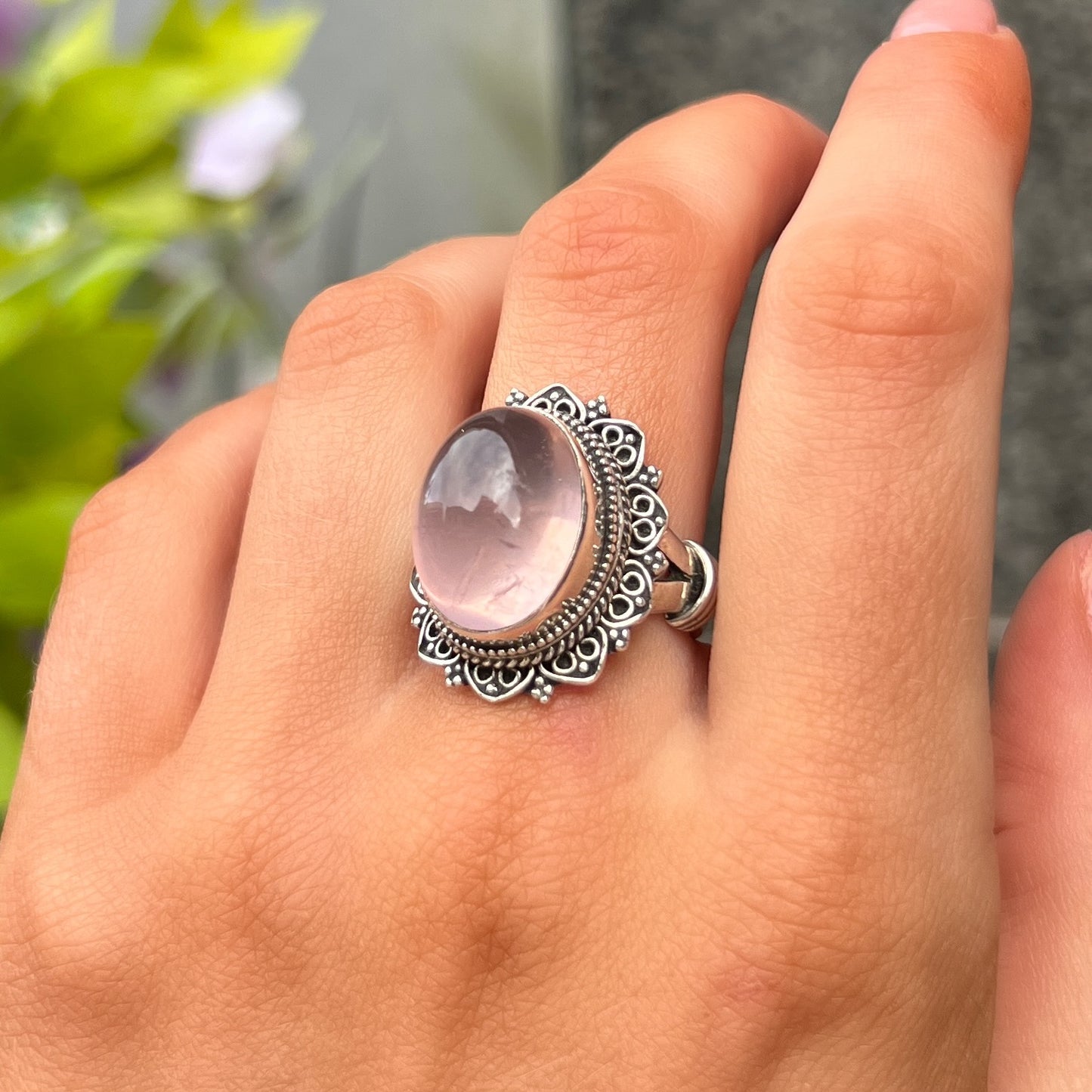 Chunky Bohemian Sterling Silver Cabochon Pink Rose Quartz Ring - Size N