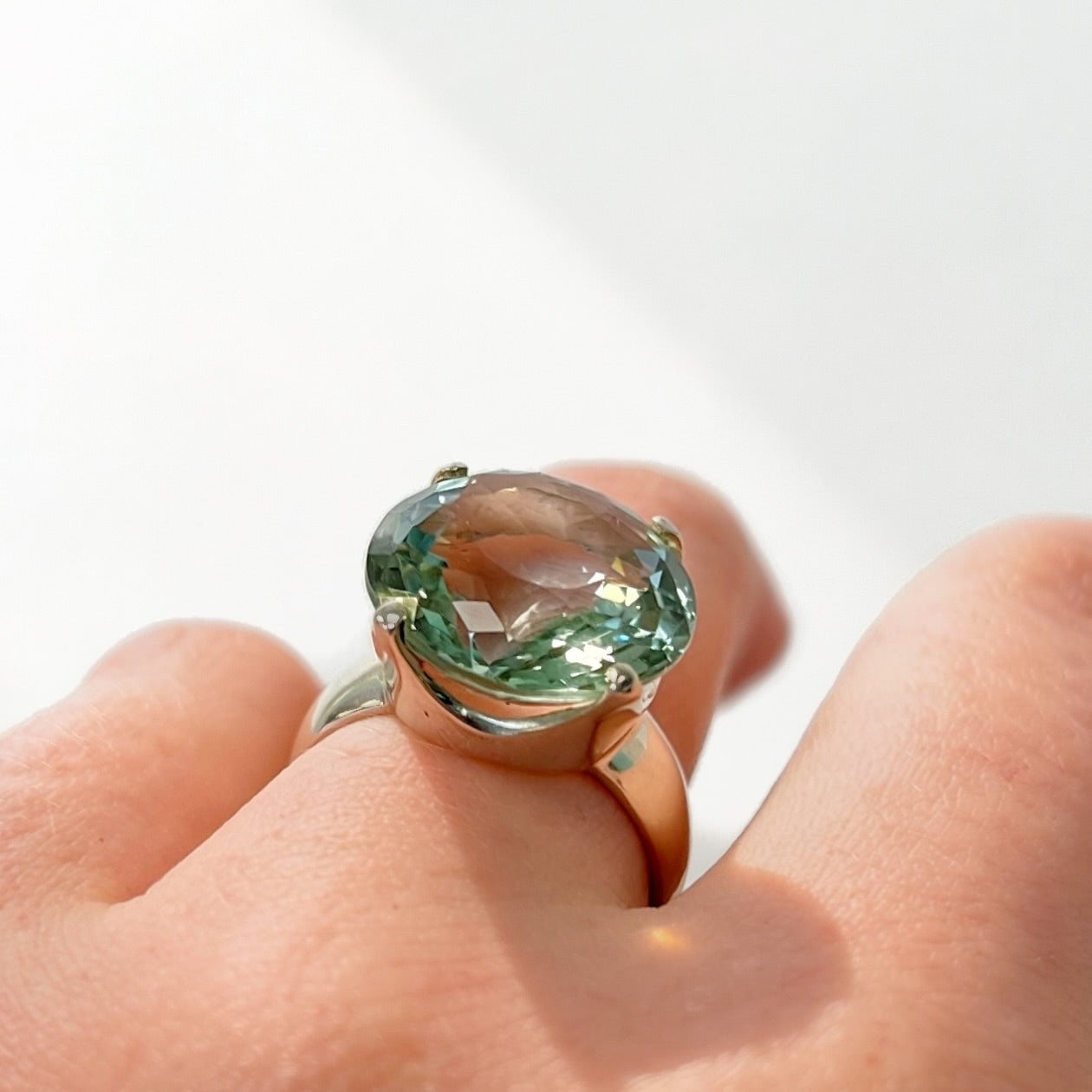 Sterling Silver Round-Cut Green Amethyst Cocktail Ring - Size M ½