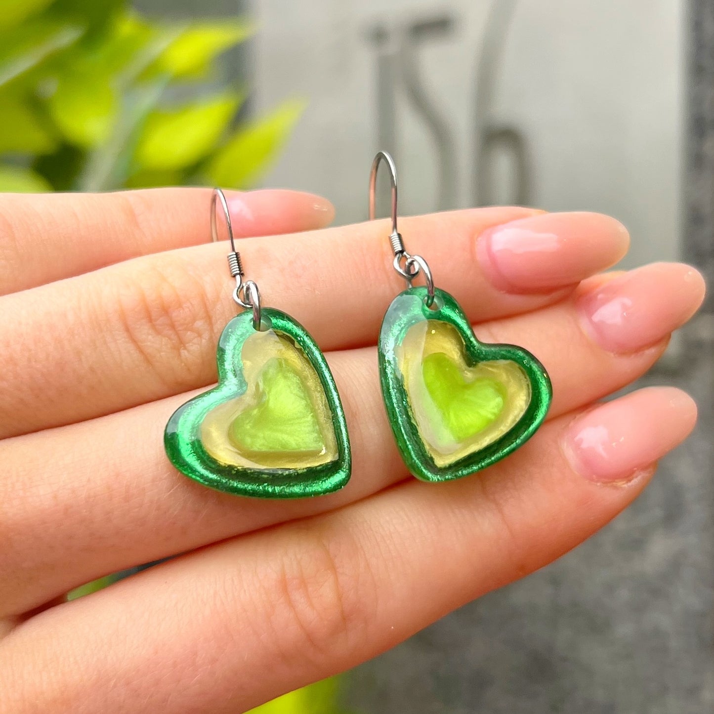 ‘Watch This Space’ Green Love Heart Drop Earrings