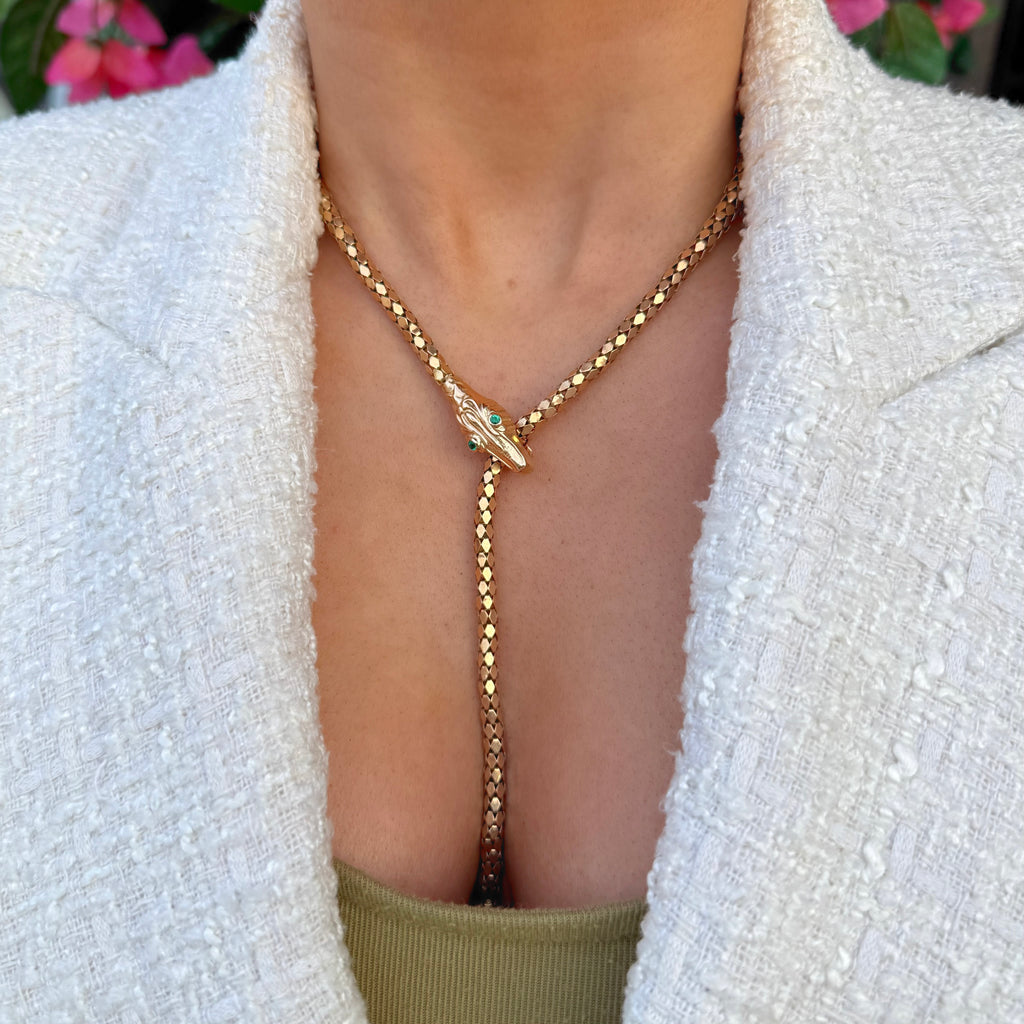 Italian Vintage Colombian Emerald 14ct Yellow Gold L'ariette Snake Necklace