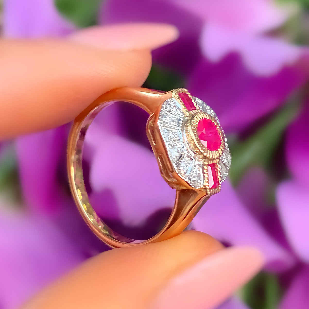Ruby and Diamond Art Deco Reproduction 9ct Yellow Gold Ring | Size N