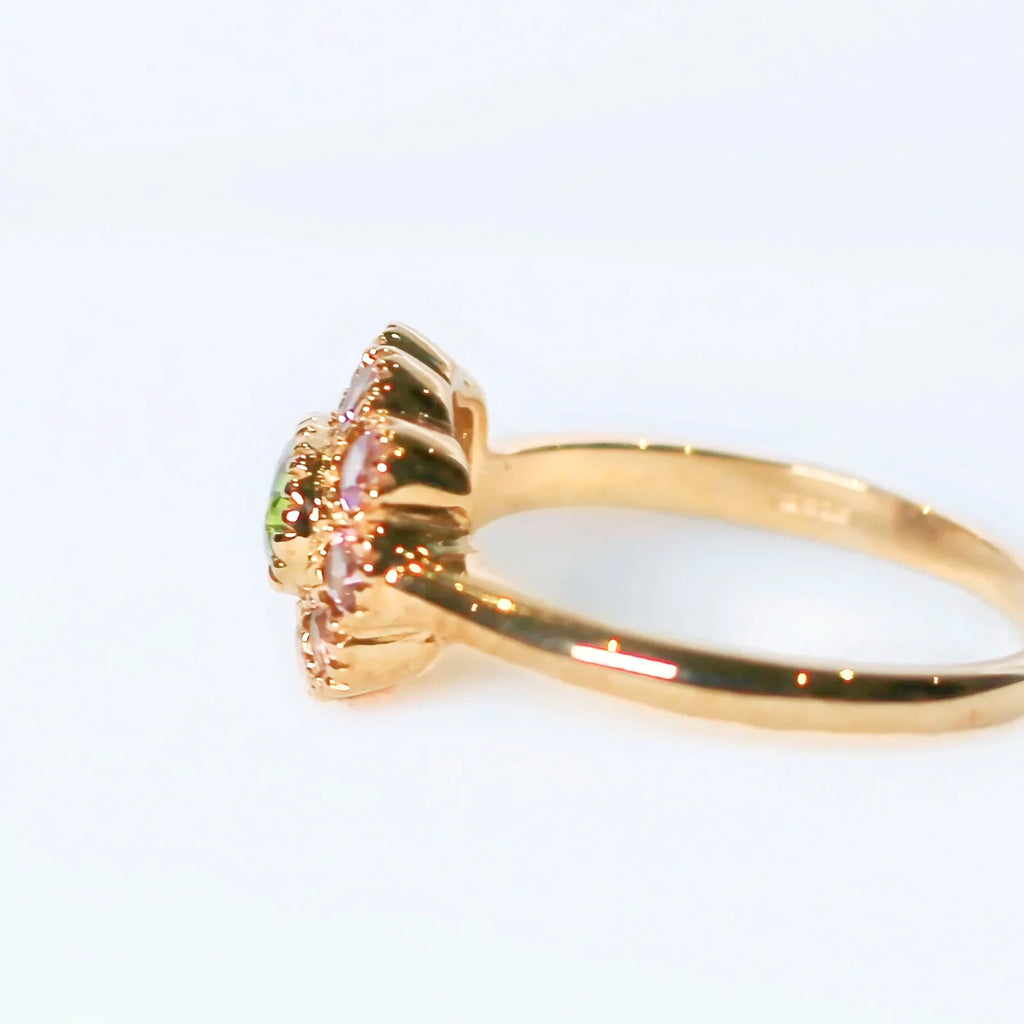 'The Arabella' Victorian Reproduction Peridot and Pink Tourmaline 9ct Yellow Gold Floral Inspired Ring | Size O