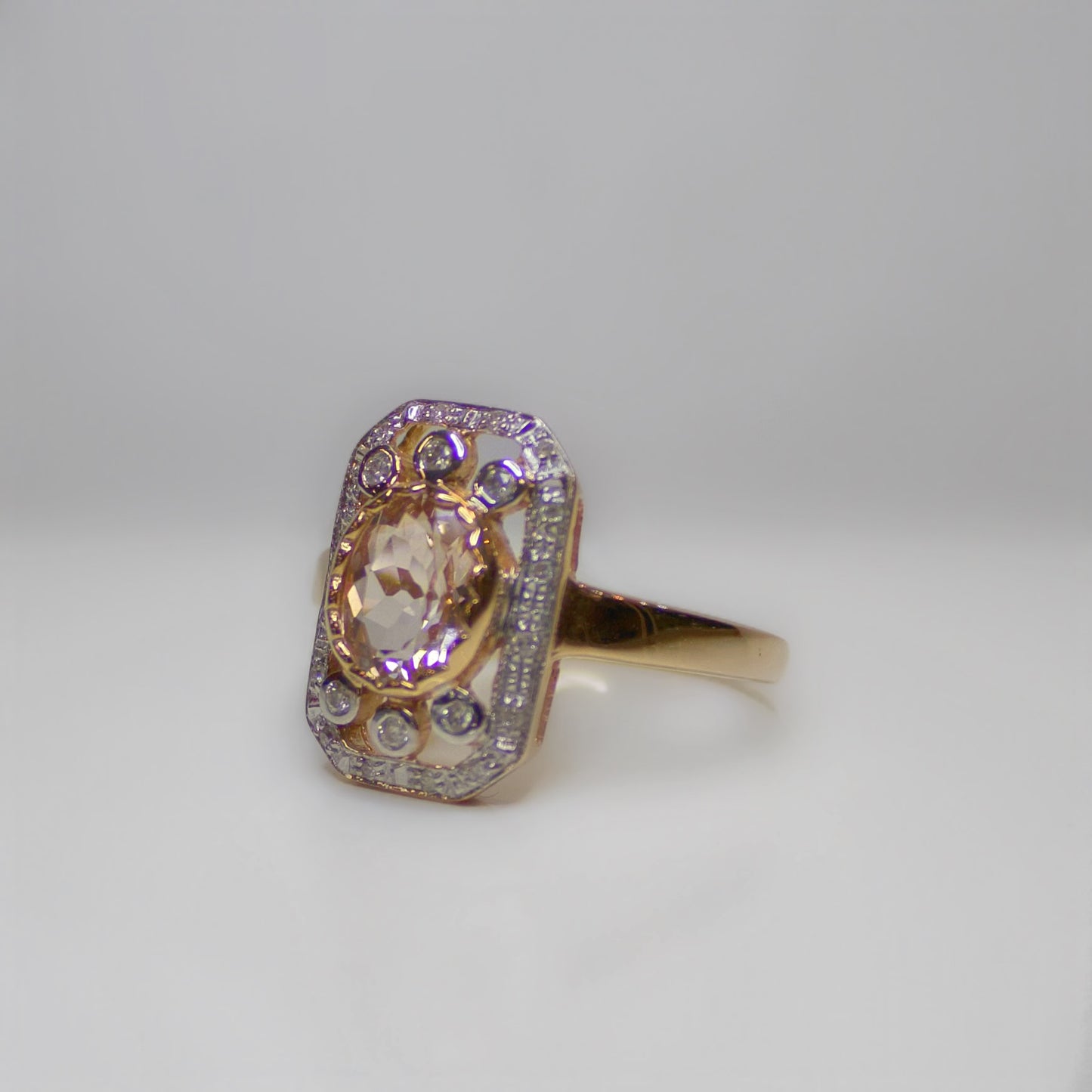 Art Deco Inspired 9ct Rose Gold Morganite and Diamond Ring – Size N ½