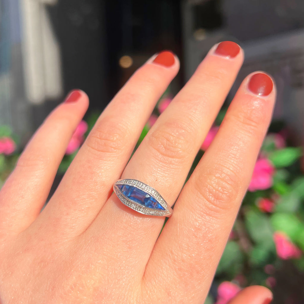 Art Deco Reproduction Madagascar Blue Sapphire and Diamond 9ct White Gold Ring | Size O