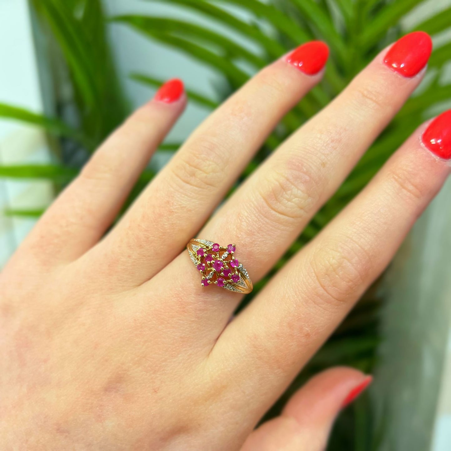 Unusual Vintage 9ct Yellow Gold Ruby and Diamond Ornate Cluster Ring - P