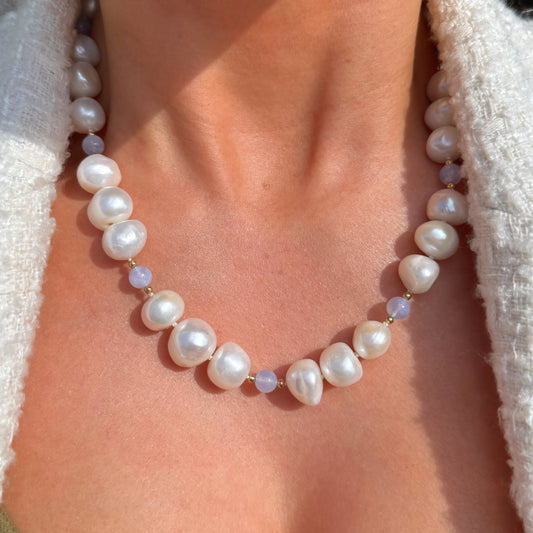 White Freshwater Pearl & Blue Chalcedony Agate 9ct Gold Beaded Necklace