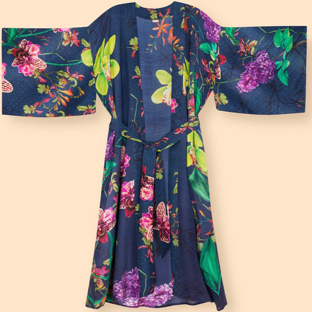 Powder Accessories Navy Floral Exotic Evening Long Kimono Gown