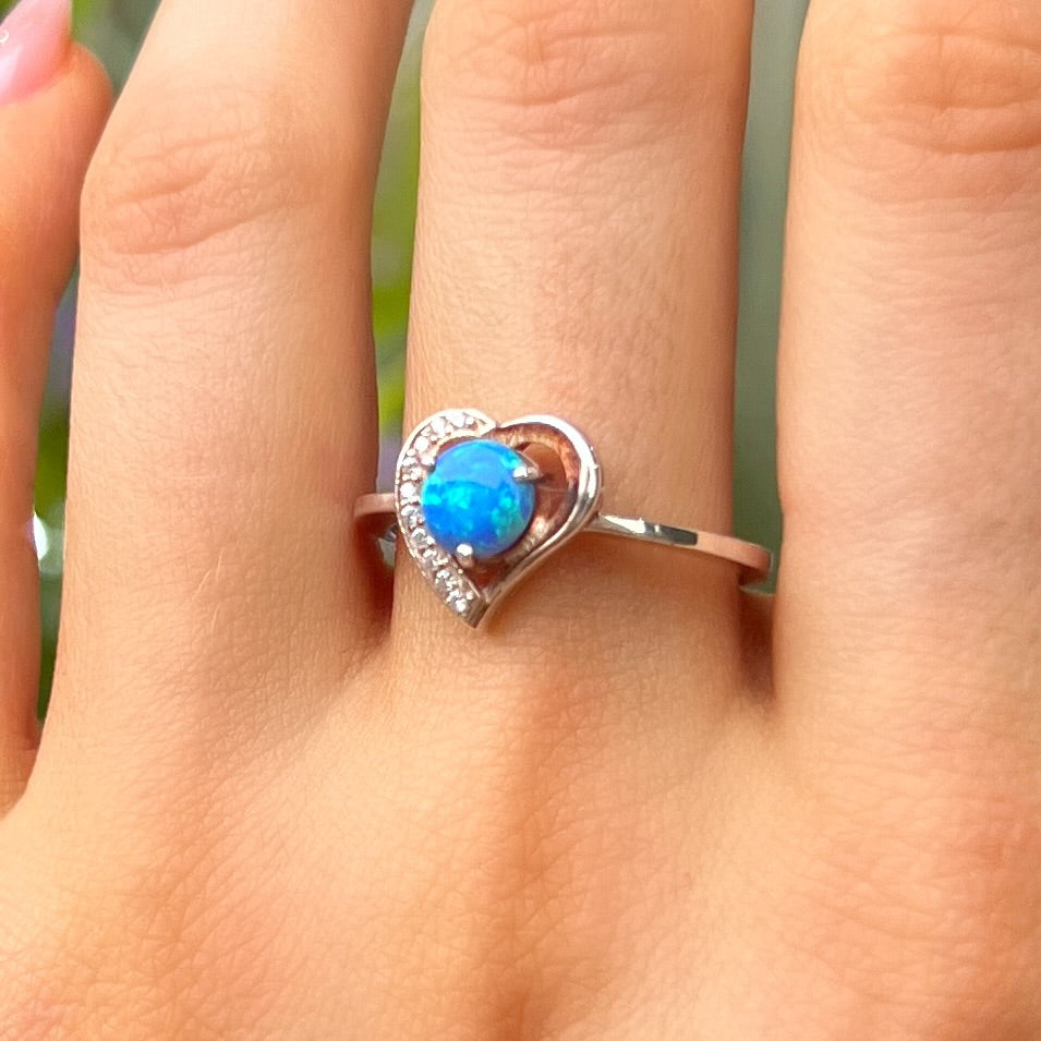 Sterling Silver Heart Design Blue Opal & Cubic Zirconia Ring - Size O