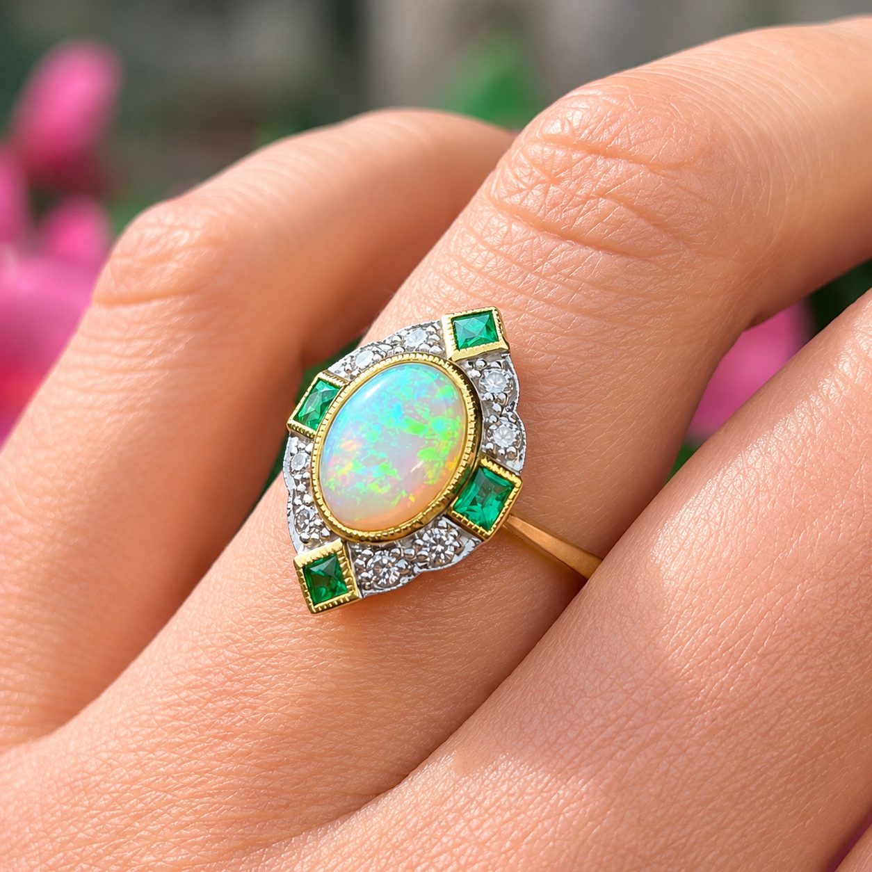 Art Deco Reproduction Opal, Emerald and Diamond 9ct Yellow Gold Ring | Size M ½
