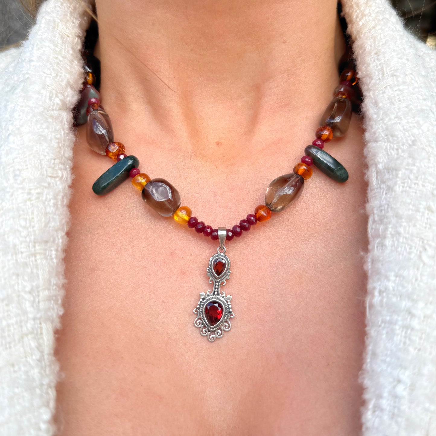 Amber, Carnelian, Garnet, Agate, & Smoky Quartz Sterling Silver Beaded Necklace