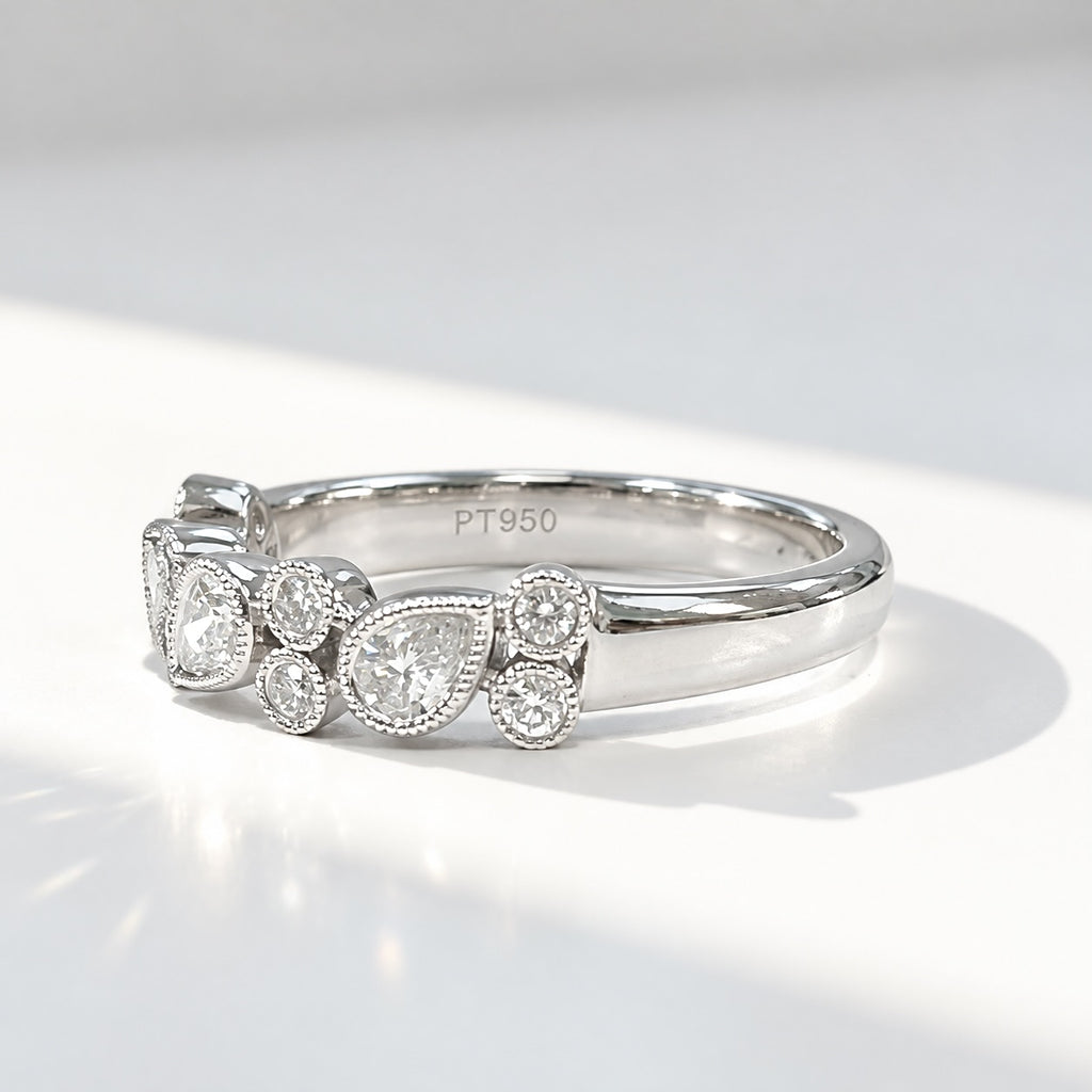 Platinum Pear and Round Natural Diamond Multi-Stone Bubble Ring | Size N