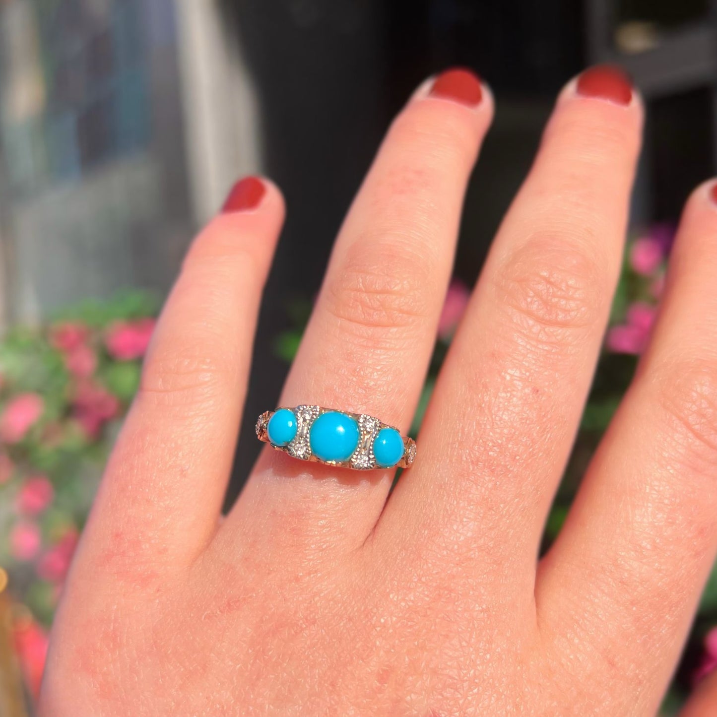 Edwardian Reproduction 9ct Yellow Gold Turquoise and Diamond Ring - Size M ½