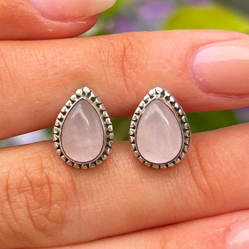 Sterling Silver Boho Pink Rose Quartz Pear Cut Stud Earrings