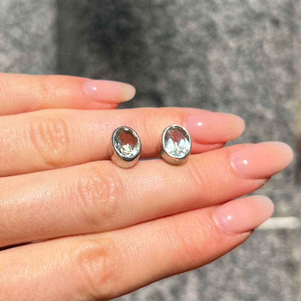Sage Green Amethyst Sterling Silver Oval Stud Earrings