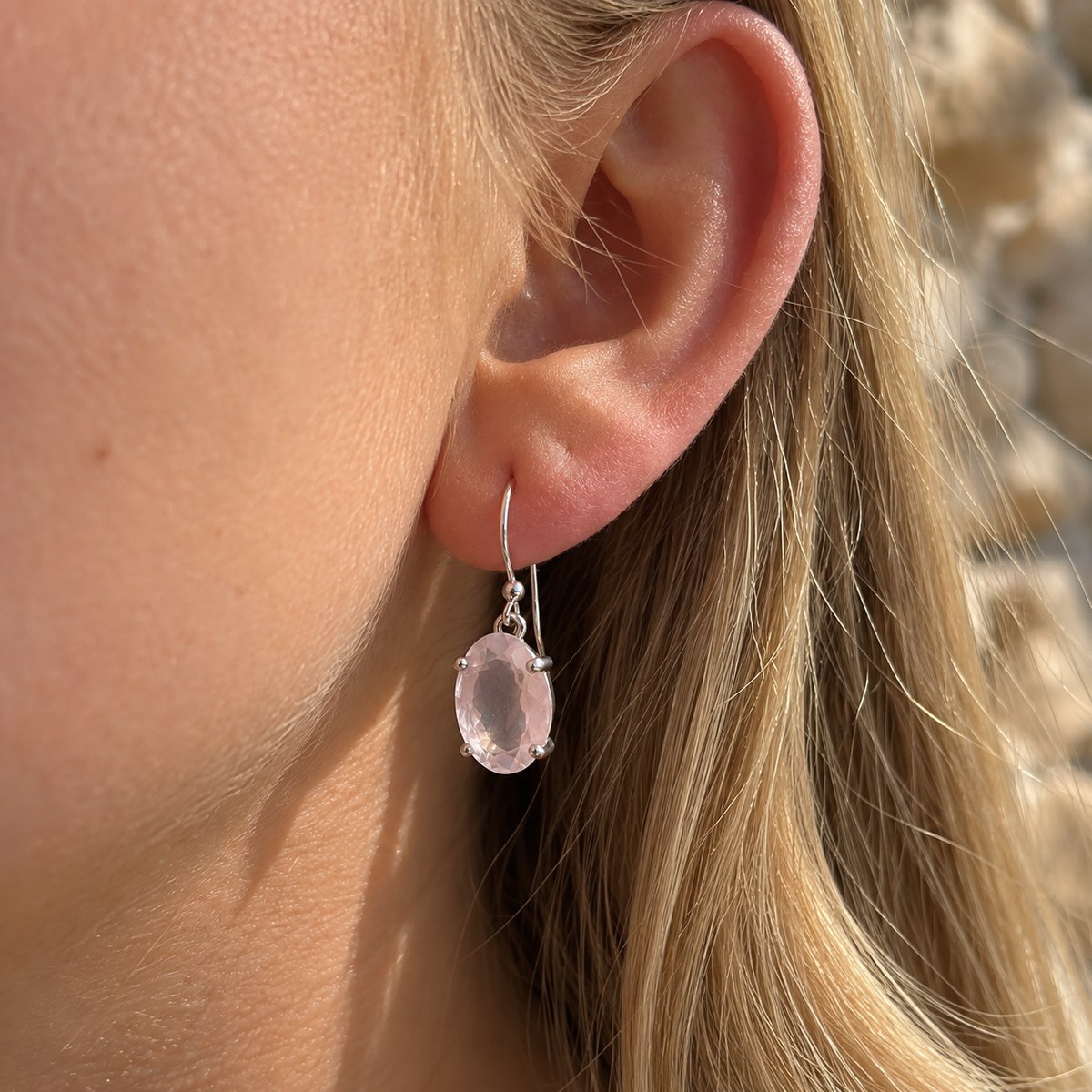 Rose Quartz Sterling Silver Oval Faceted Drop Earrings