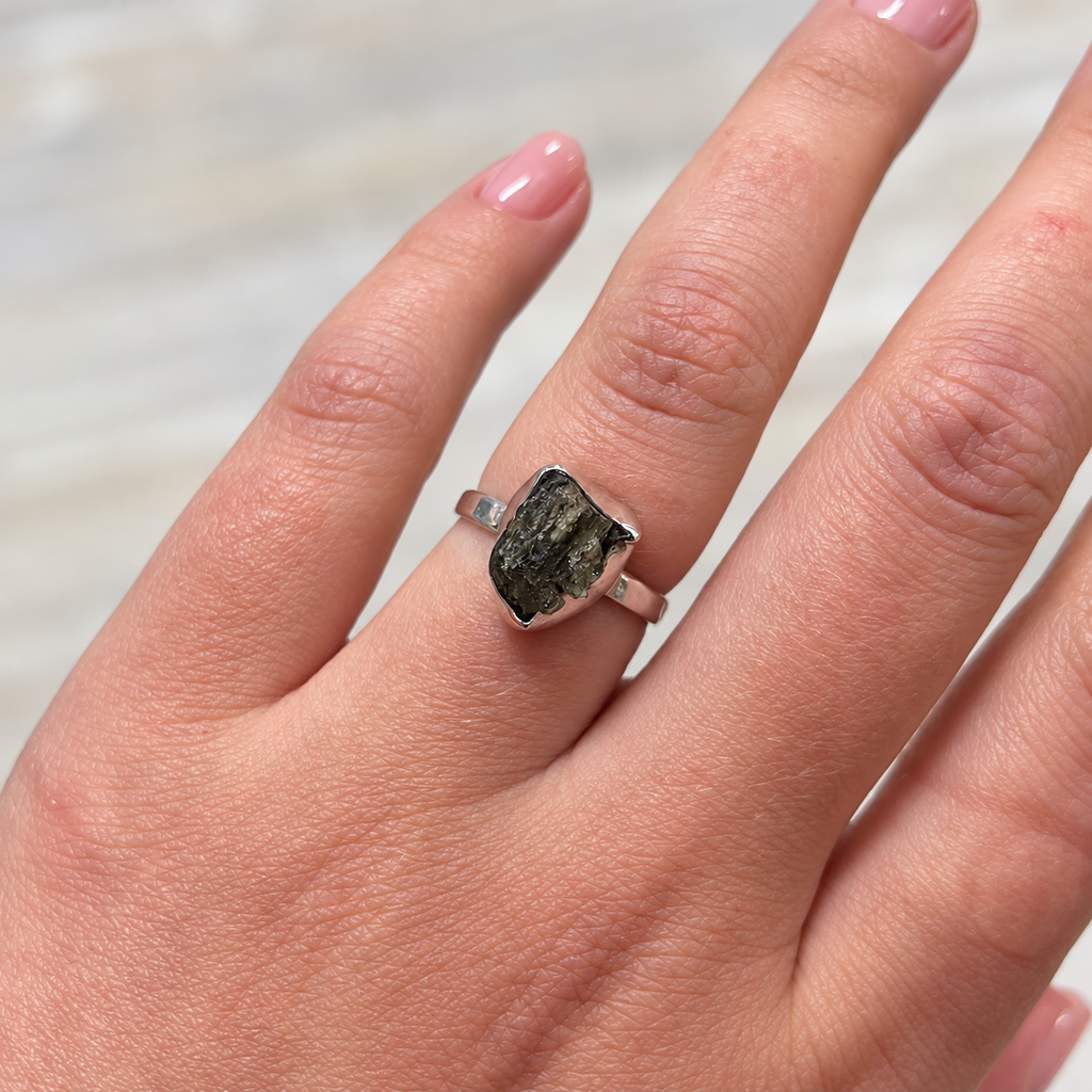 Rough Cut Green Moldavite Sterling Silver Ring | Size L