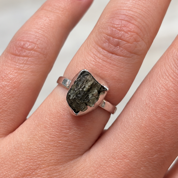 Rough Cut Green Moldavite Sterling Silver Ring | Size L