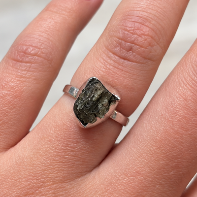 Rough Cut Green Moldavite Sterling Silver Ring | Size L