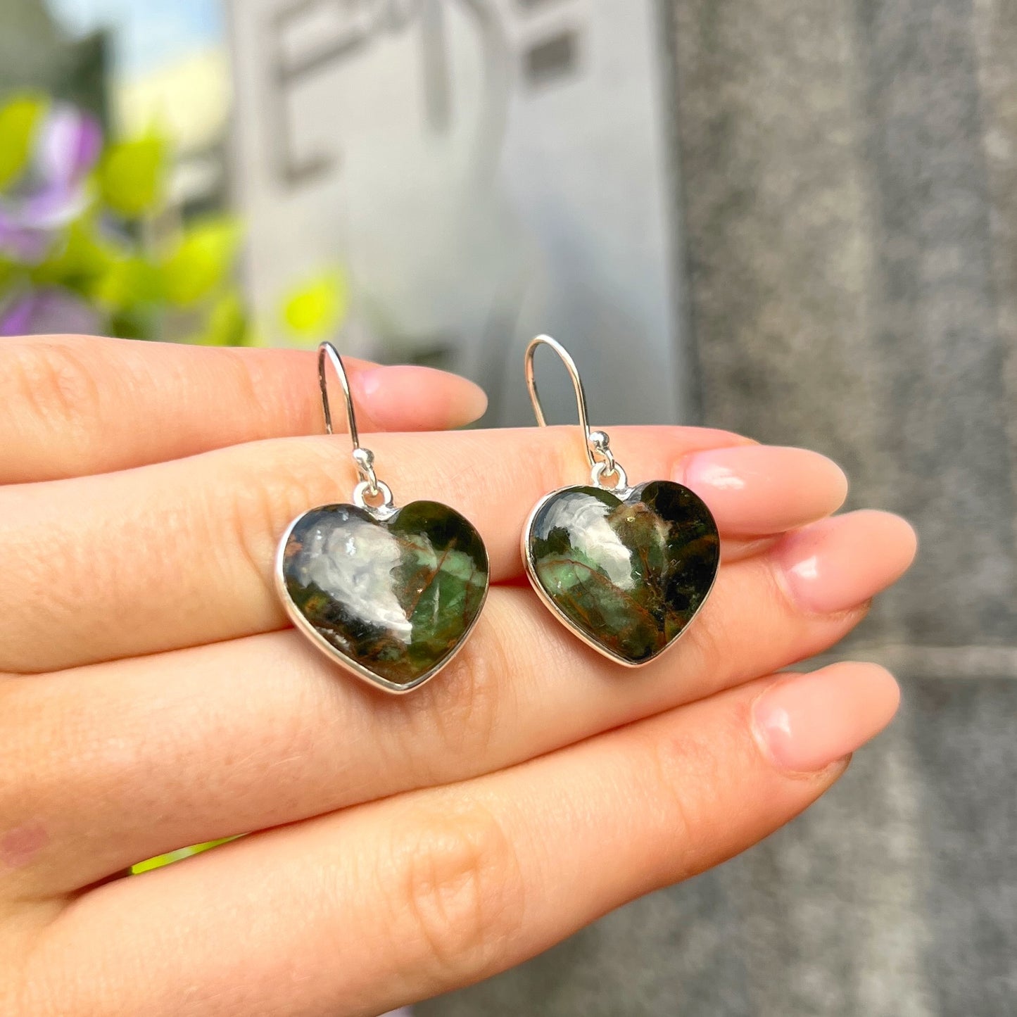 Sterling Silver Green Agate Heart Drop Earrings