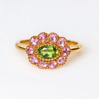 'The Arabella' Victorian Reproduction Peridot and Pink Tourmaline 9ct Yellow Gold Floral Inspired Ring | Size O