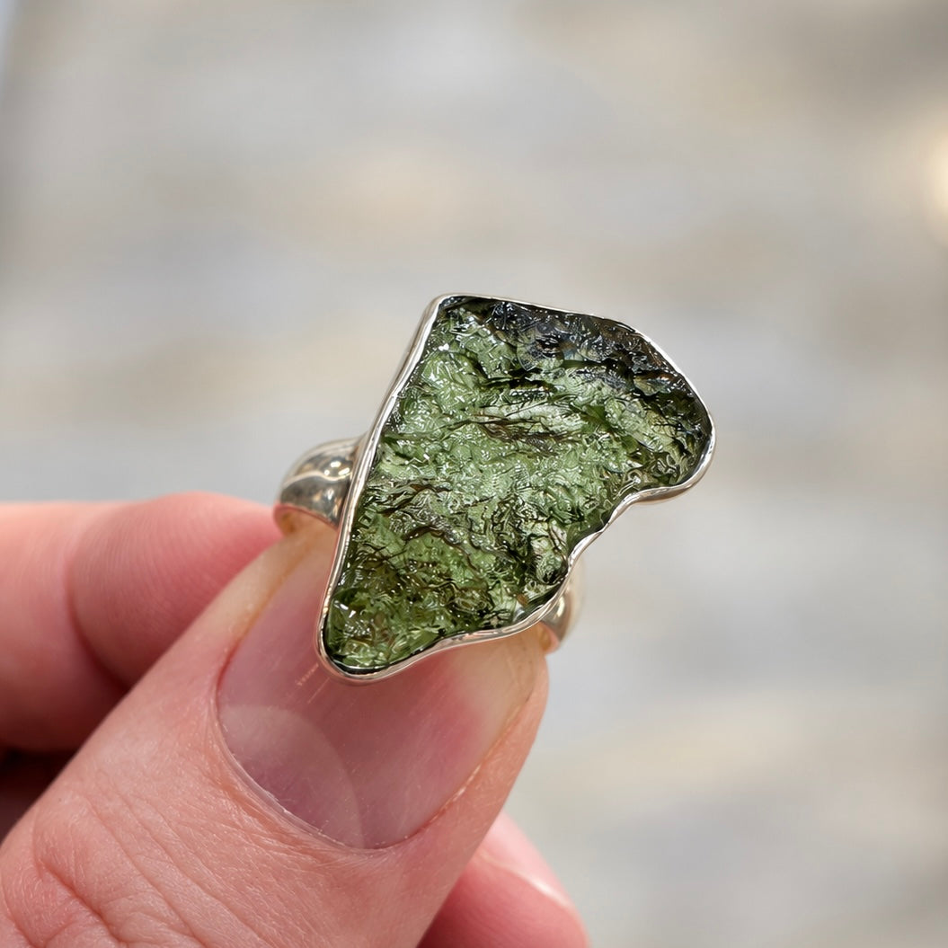 Rough Cut Green Moldavite Sterling Silver Ring | Size M