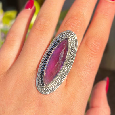 Checkerboard Cut Marquise Amethyst Sterling Silver Ring | Size R ½