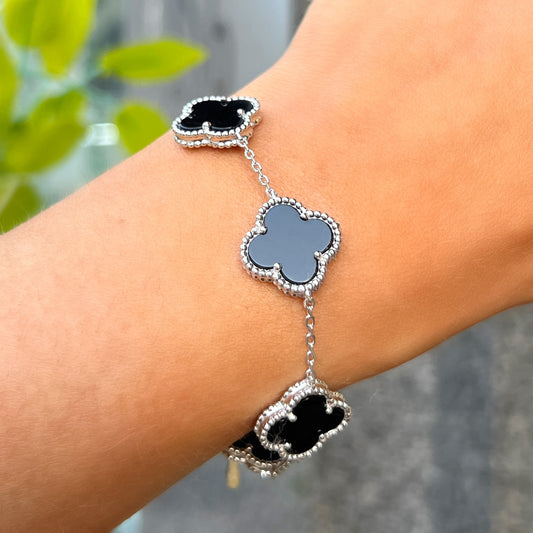 Sterling Silver Black Onyx Clover Bracelet