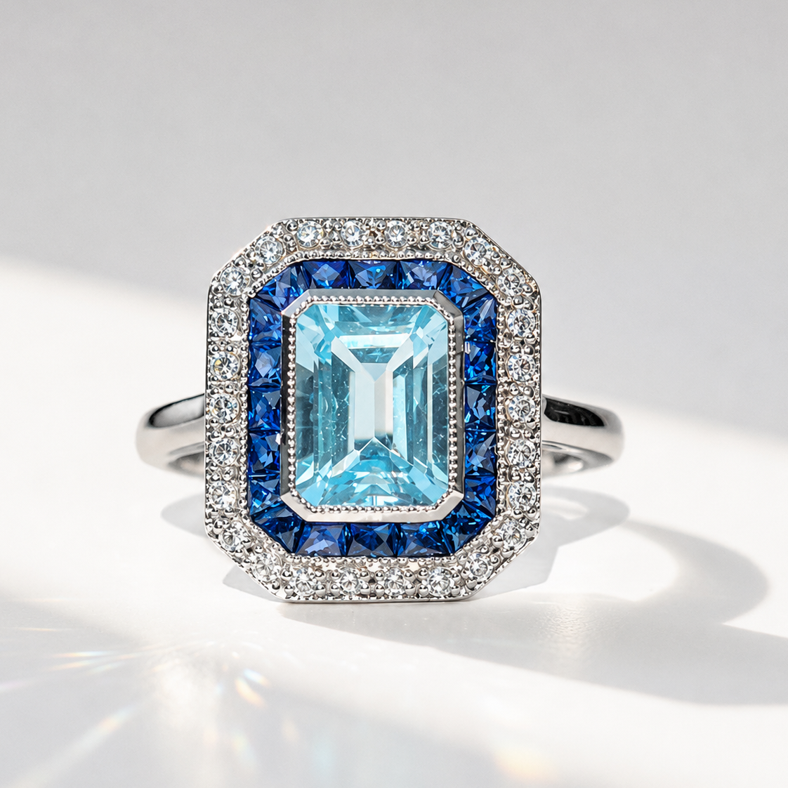 Art Deco Reproduction Blue Topaz, Sapphire and Diamond 9ct White Gold Ring | Size M ½