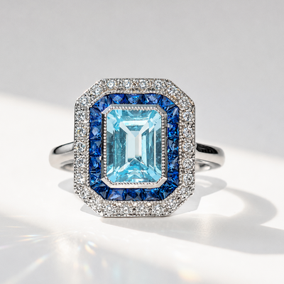 Art Deco Reproduction Blue Topaz, Sapphire and Diamond 9ct White Gold Ring | Size M ½