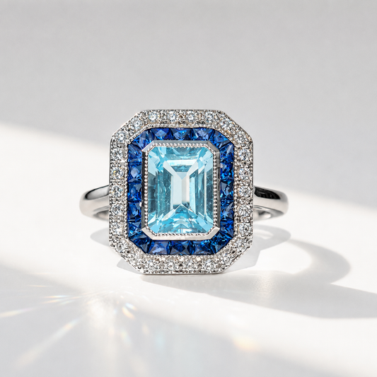 Art Deco Reproduction Blue Topaz, Sapphire and Diamond Ring - Size M ½