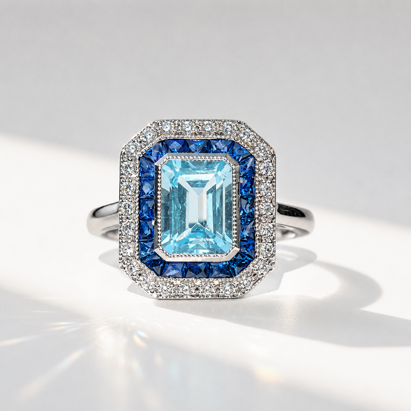 Art Deco Reproduction Blue Topaz, Sapphire and Diamond Ring - Size M ½