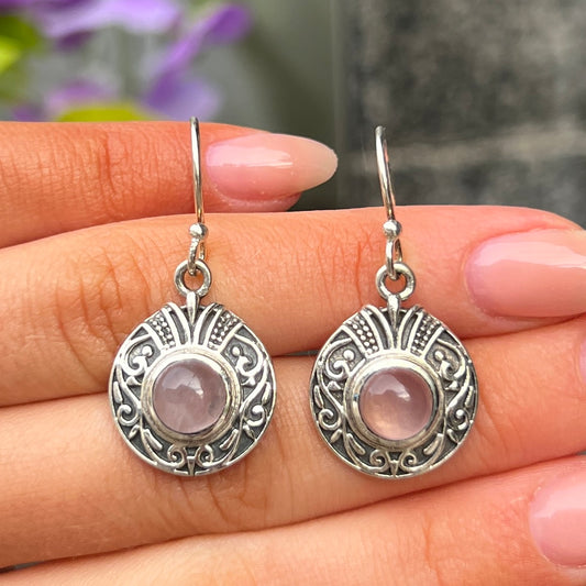 Sterling Silver Boho Pink Rose Quartz Round Drop Earrings