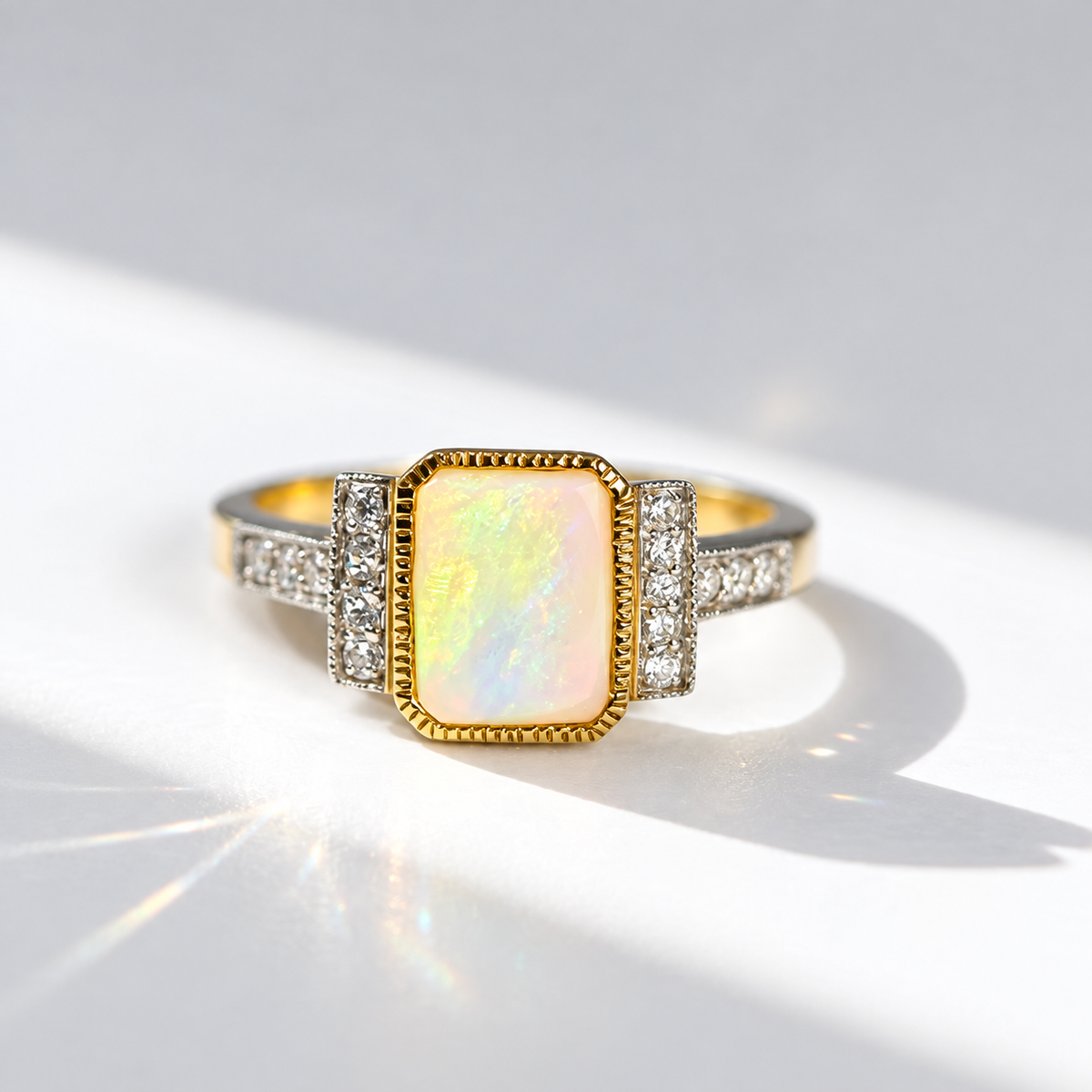 'The Opalina' Rectangular Opal and Diamond 9ct Yellow Gold Ring | Size K